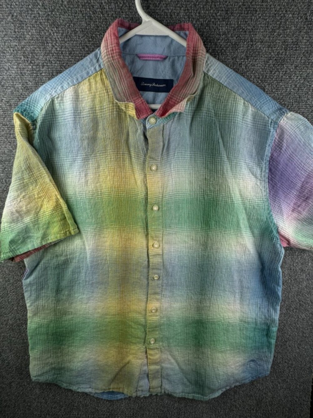 Tommy Bahama All Linen Button Up Shirt Short Sleeve Men Colorful Large Rainbow